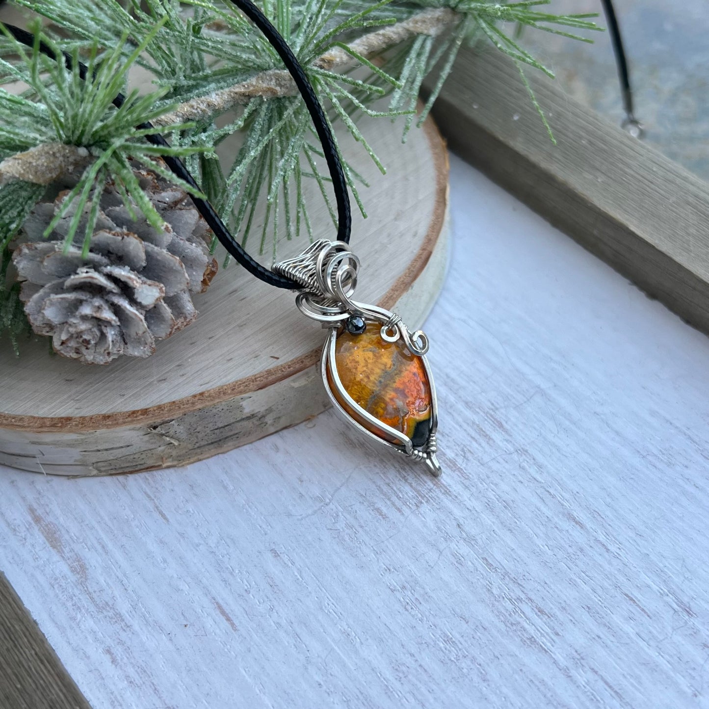 Bumblebee Jasper with Hematite Pendant in Argentium Silver