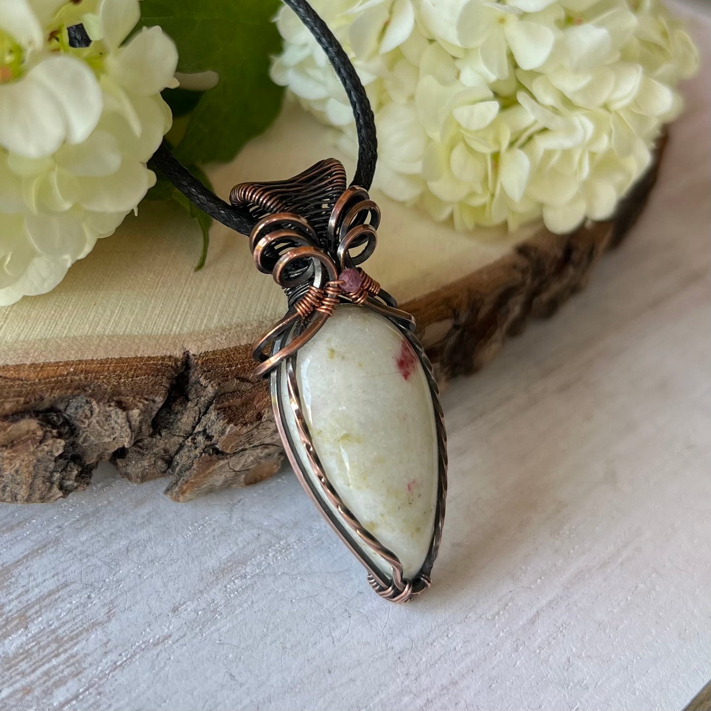 Cinnabar with Amethyst Bead Pendant in antiqued Copper Wire
