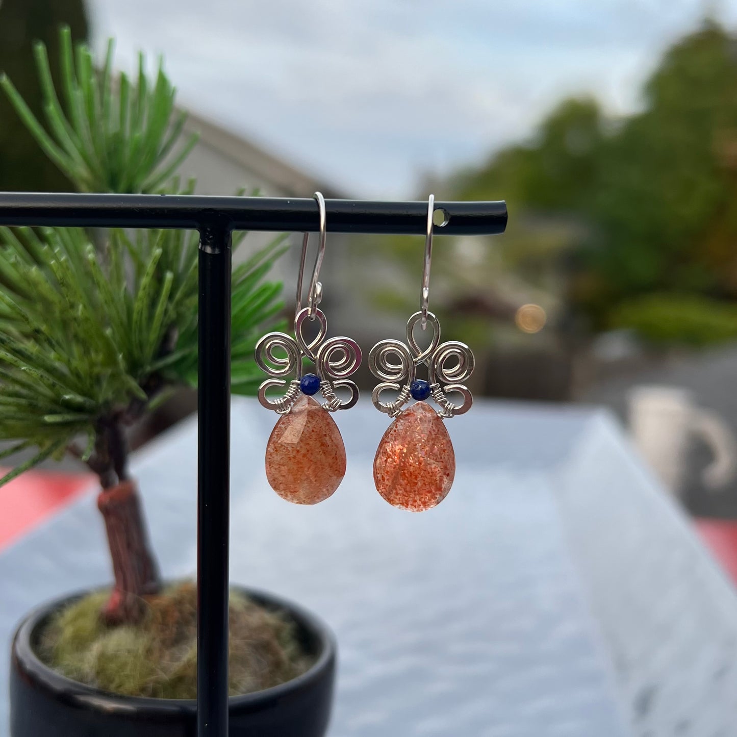 Sunstone with Lapis Lazuli Earrings in Argentium Silver