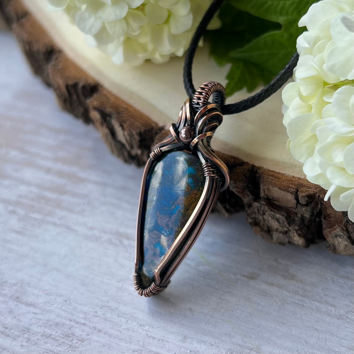 Chrysocolla Pendant in antiqued Copper Wire