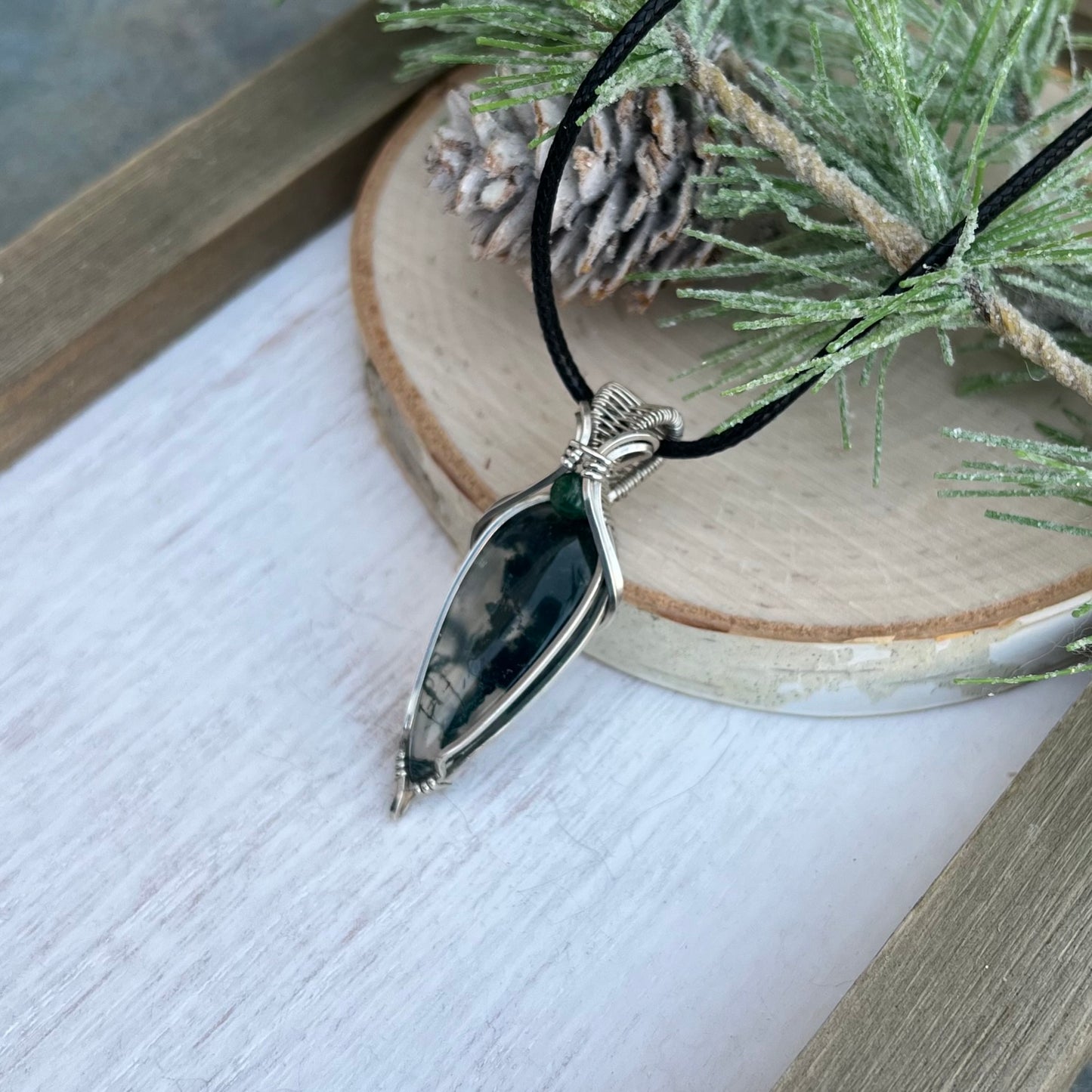 Moss Agate with Green Aventurine Pendant in Argentium Silver