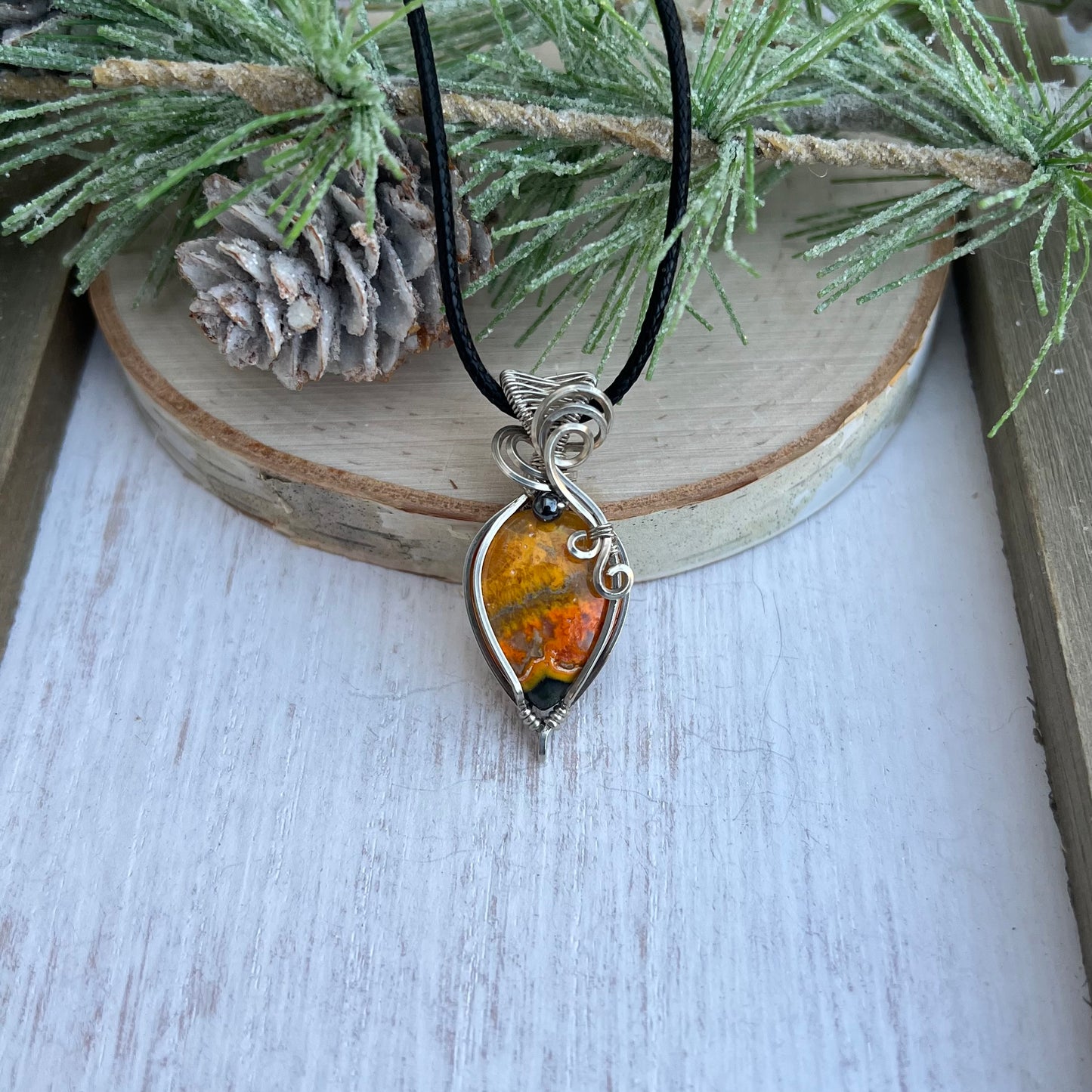 Bumblebee Jasper with Hematite Pendant in Argentium Silver