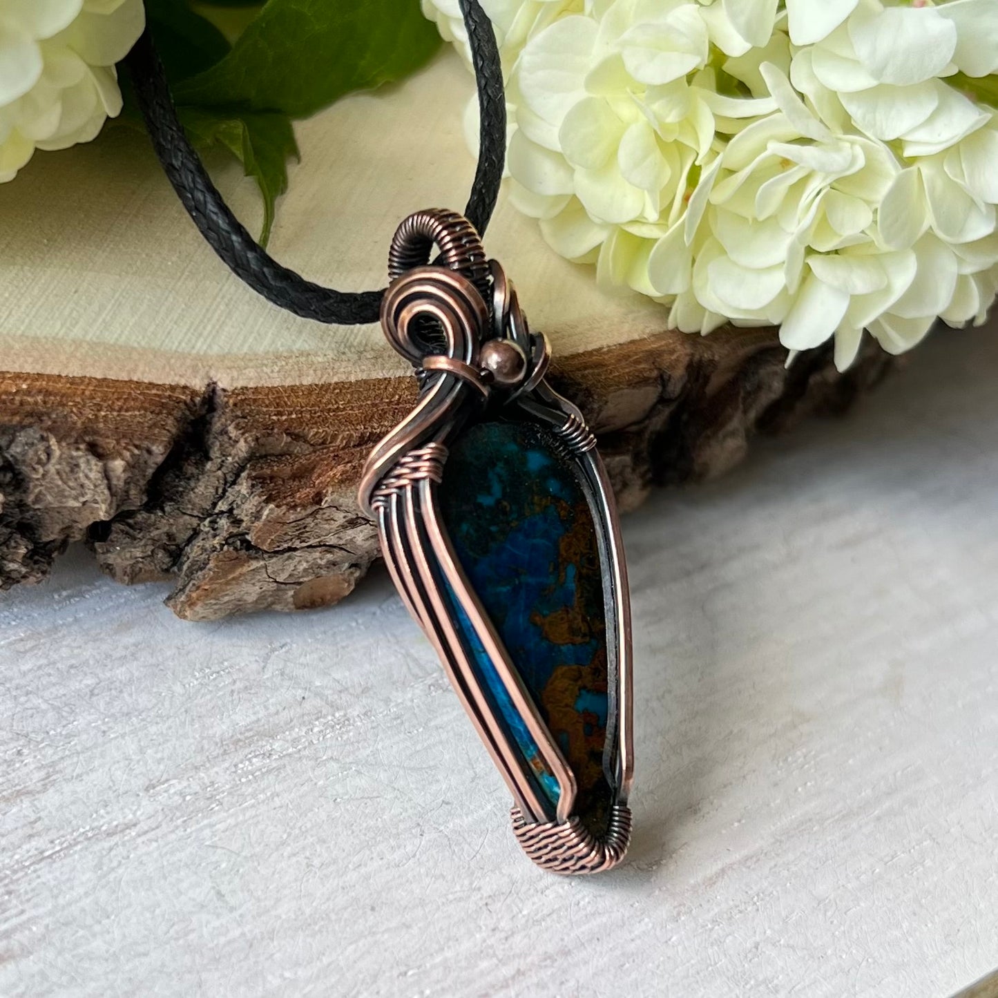 Chrysocolla Pendant in antiqued Copper Wire