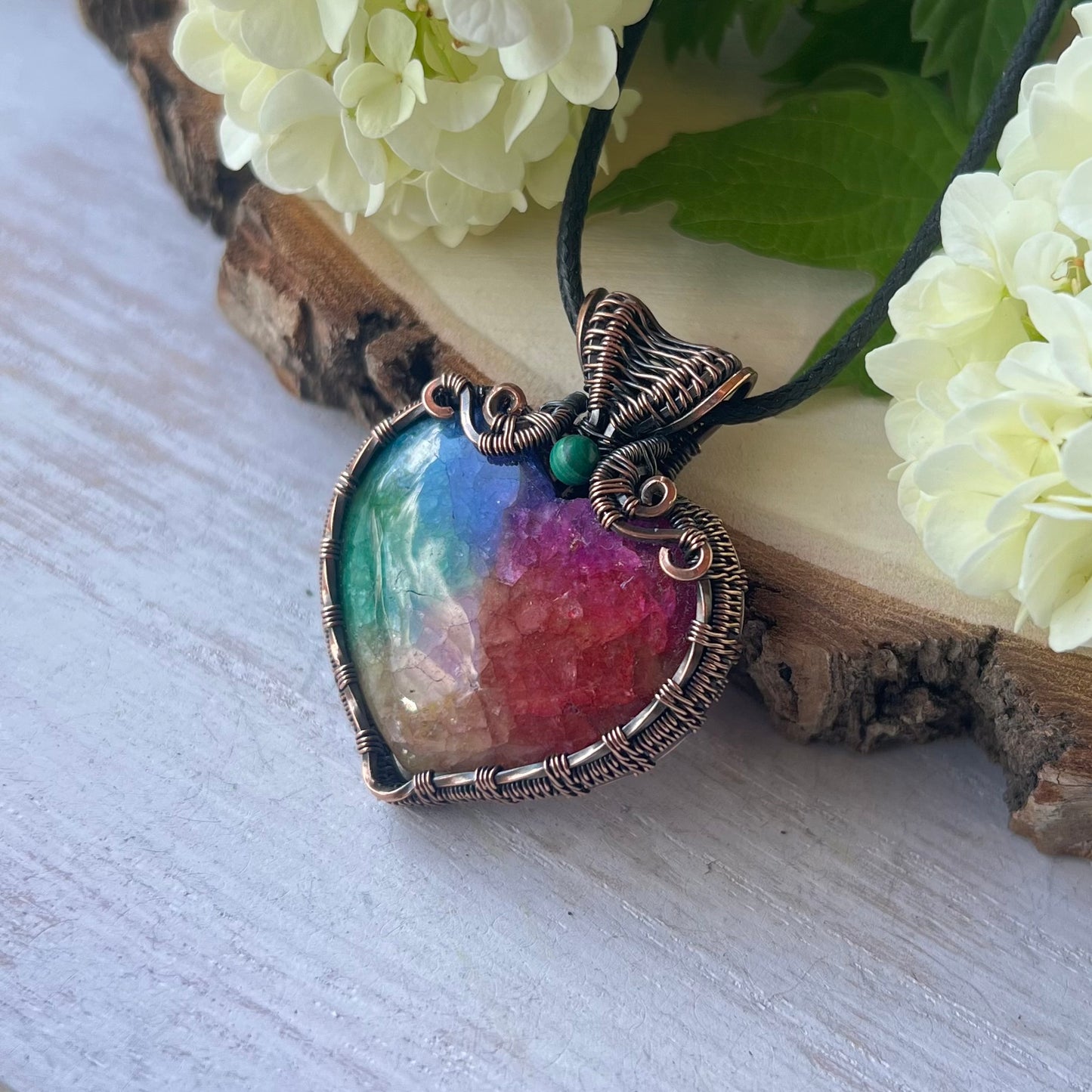 Rainbow (enhanced) Quartz heart with Malachite bead in antiqued Copper Wire
