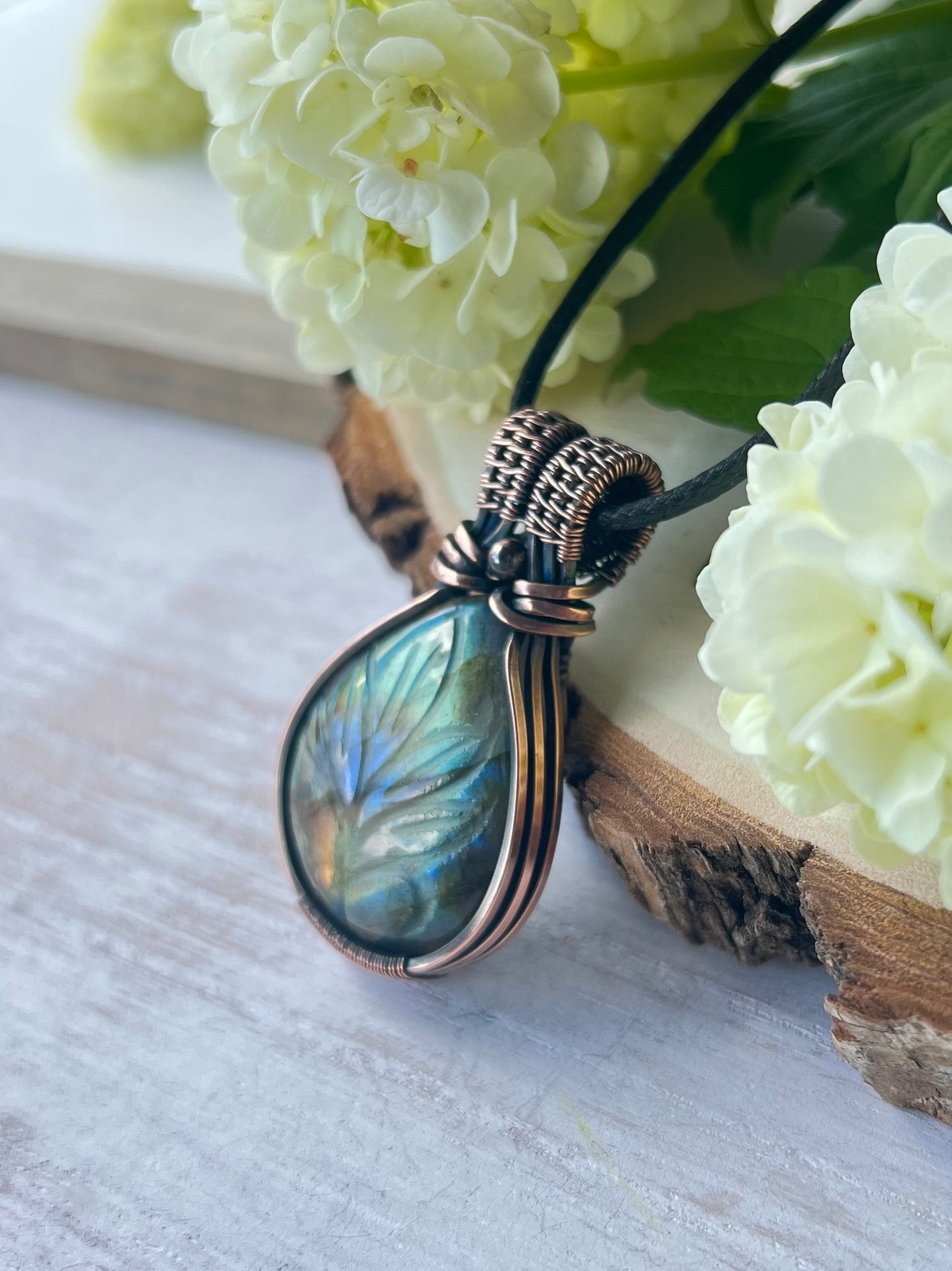 Carved Labradorite Pendant in antiqued Copper Wire