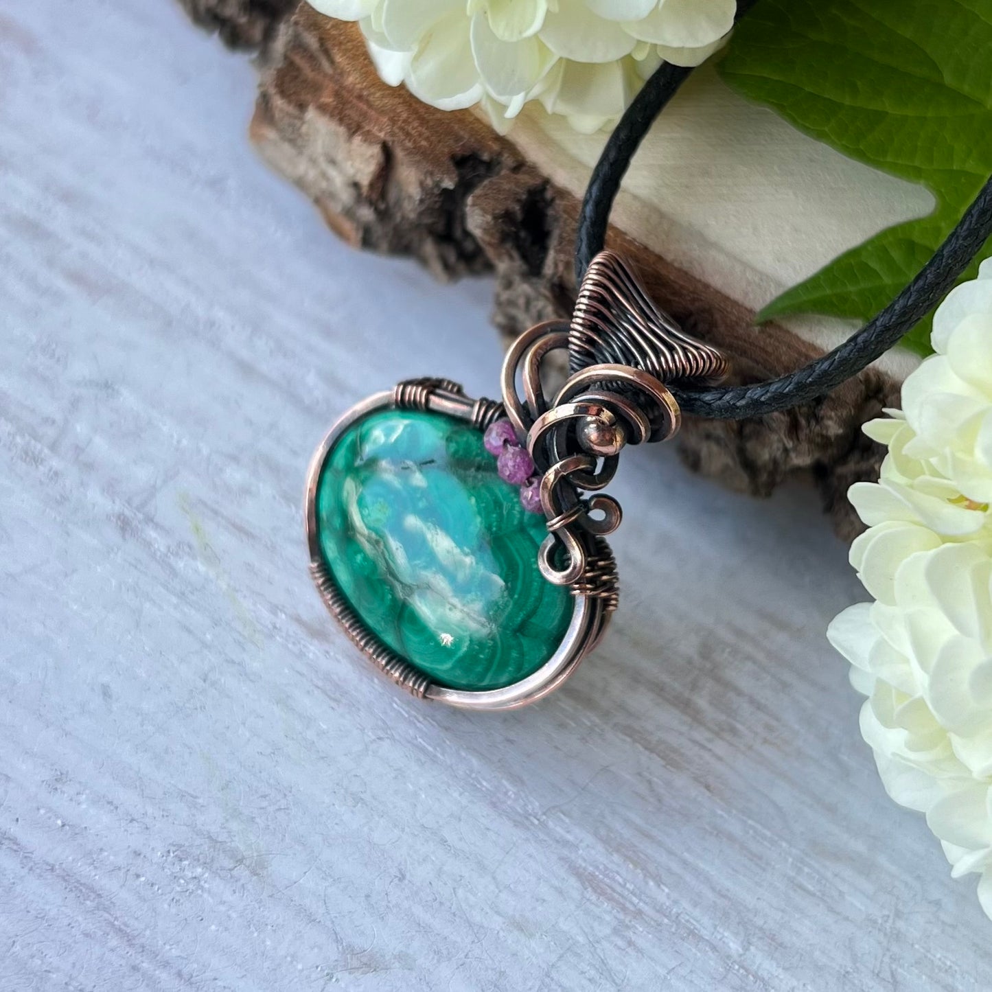 Malachite with Ruby beads in antiqued Copper Wire