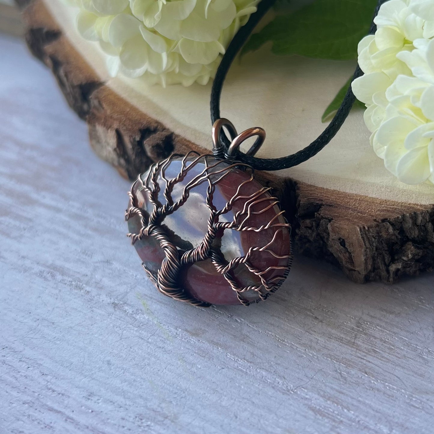 Fancy Jasper Pendant with Tree of Life in antiqued Copper Wire