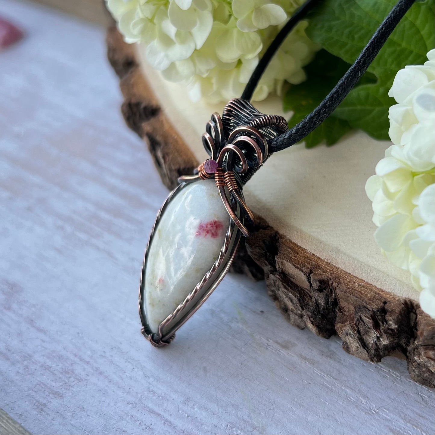 Cinnabar with Amethyst Bead Pendant in antiqued Copper Wire
