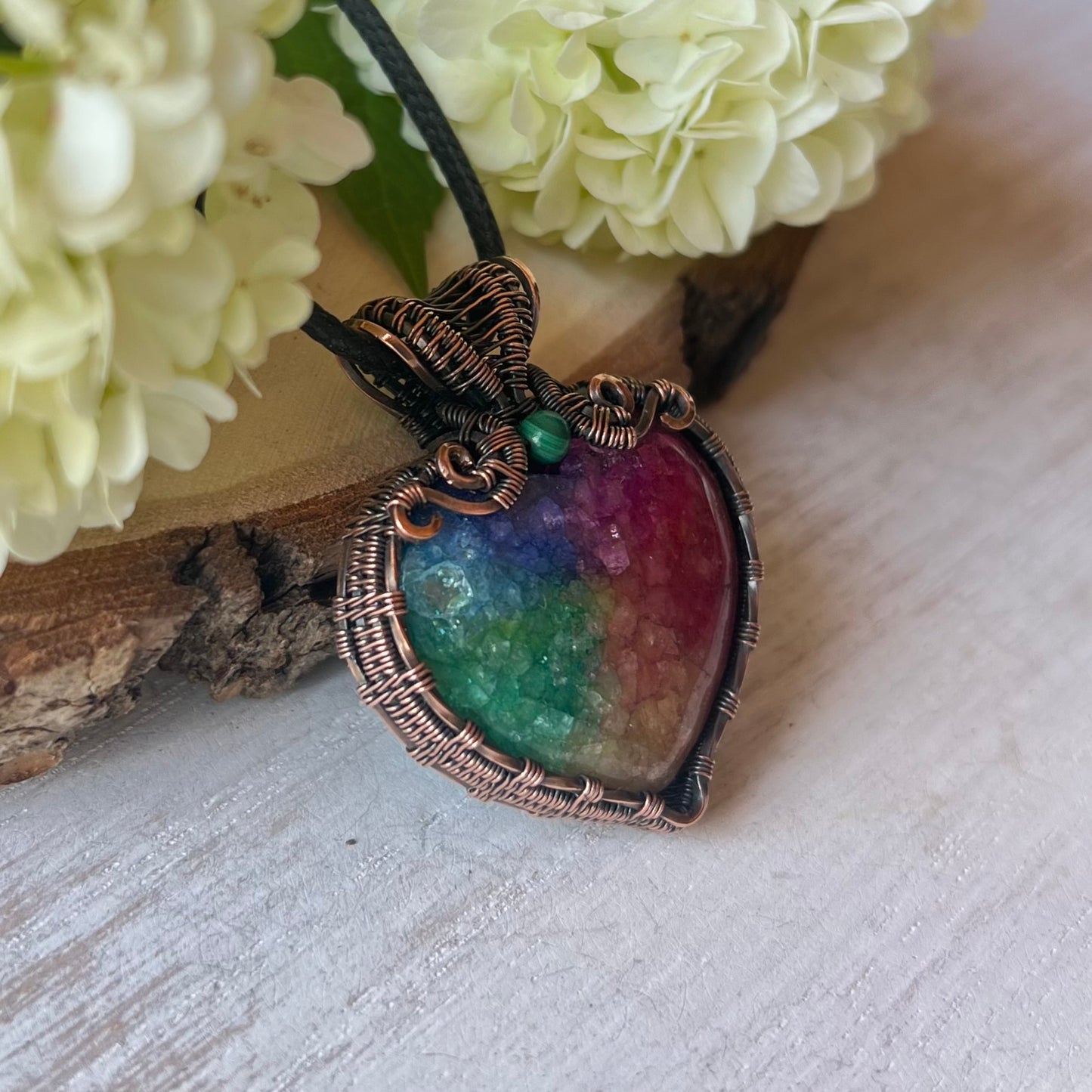Rainbow (enhanced) Quartz heart with Malachite bead in antiqued Copper Wire