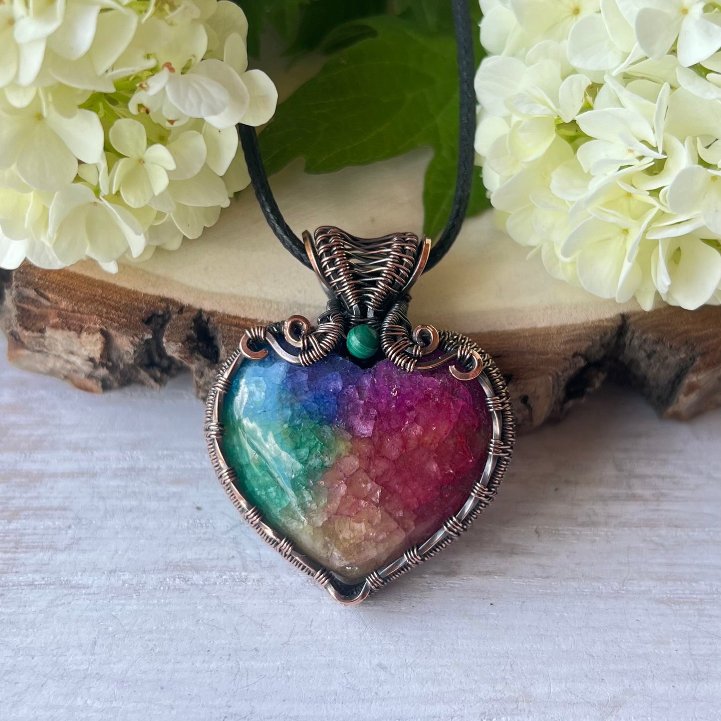 Rainbow (enhanced) Quartz heart with Malachite bead in antiqued Copper Wire