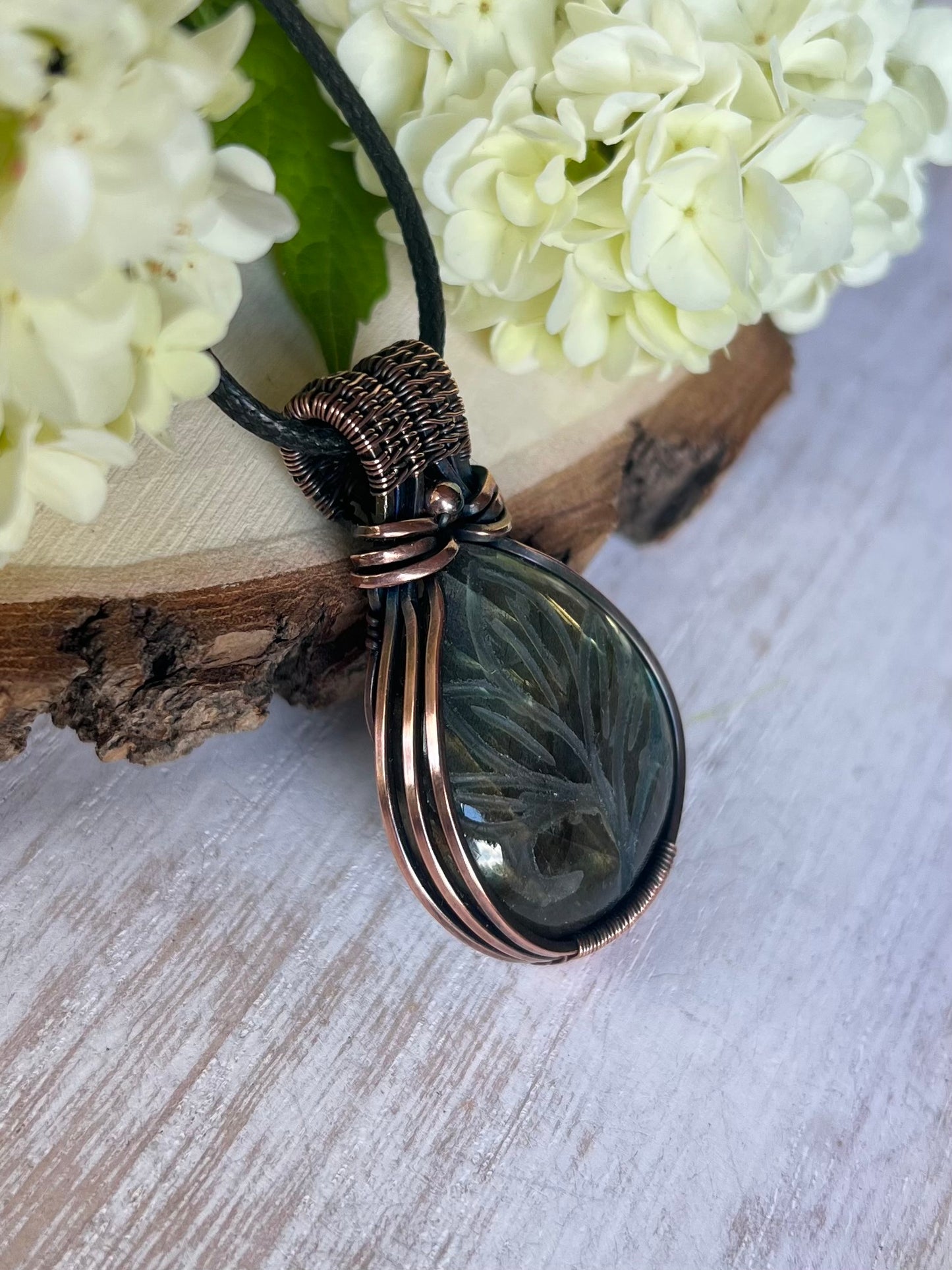 Carved Labradorite Pendant in antiqued Copper Wire