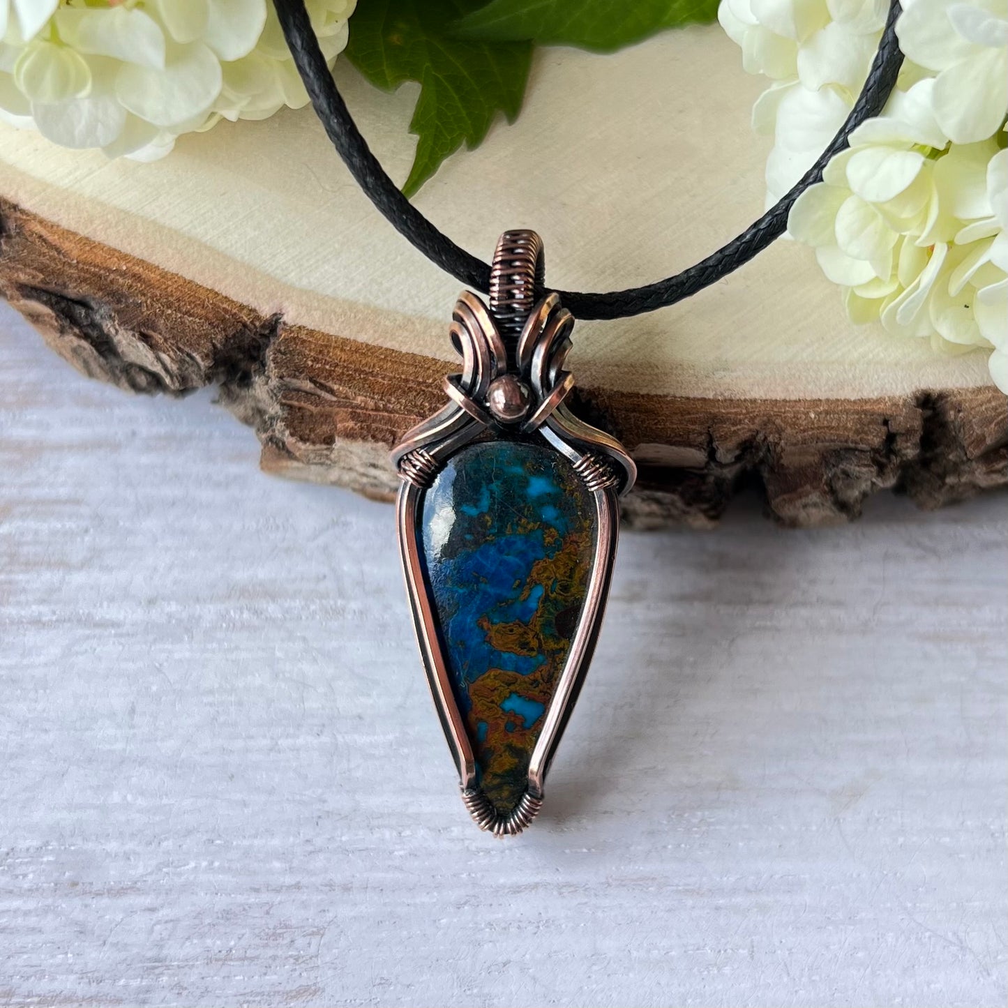 Chrysocolla Pendant in antiqued Copper Wire