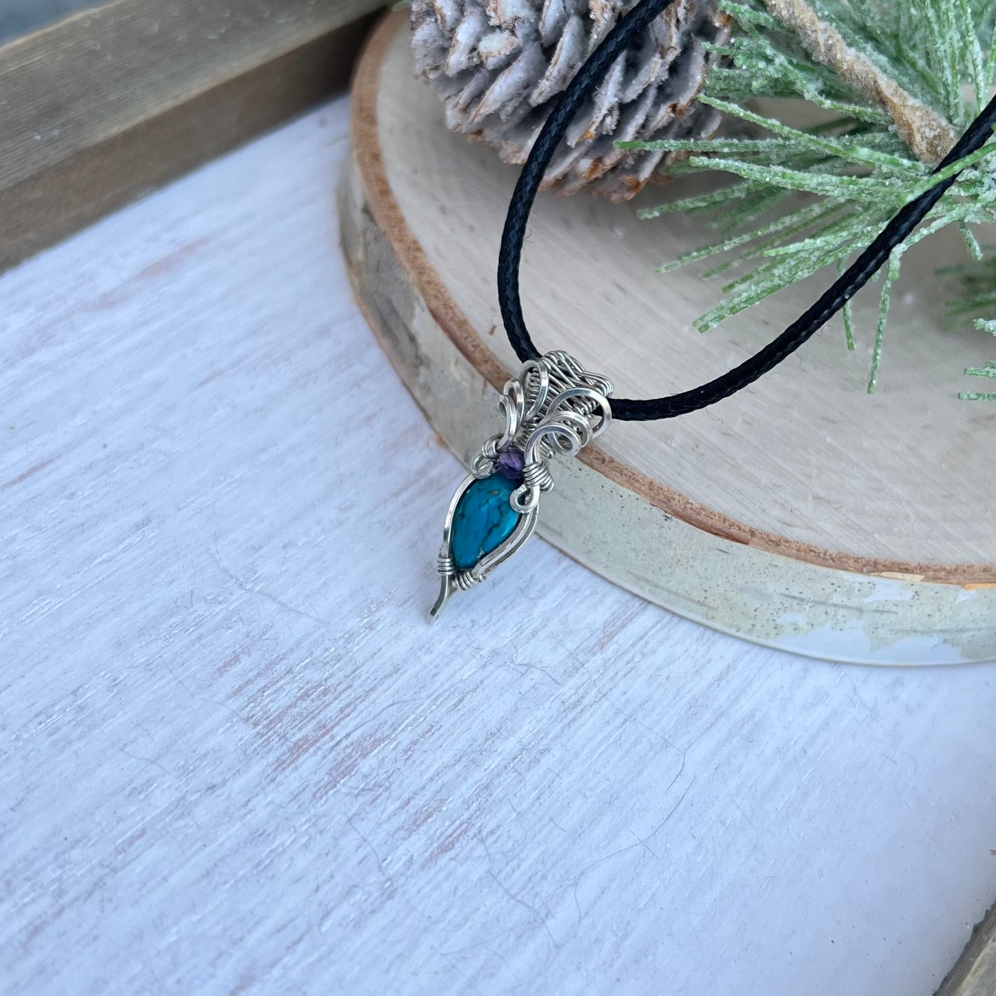 Tibetan Turquoise with Amethyst Pendant in Argentium Silver