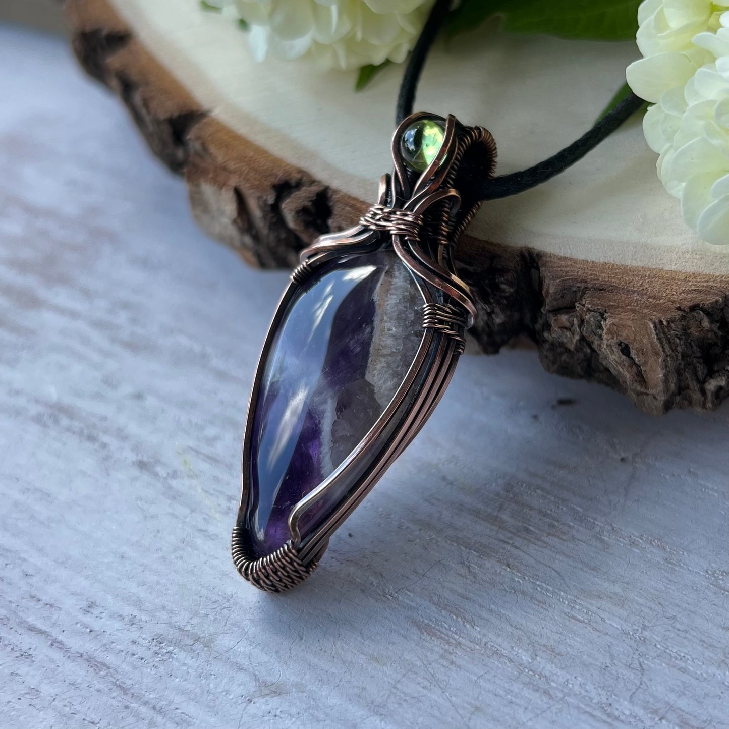 Chevron Amethyst with Peridot in antiqued Copper Wire