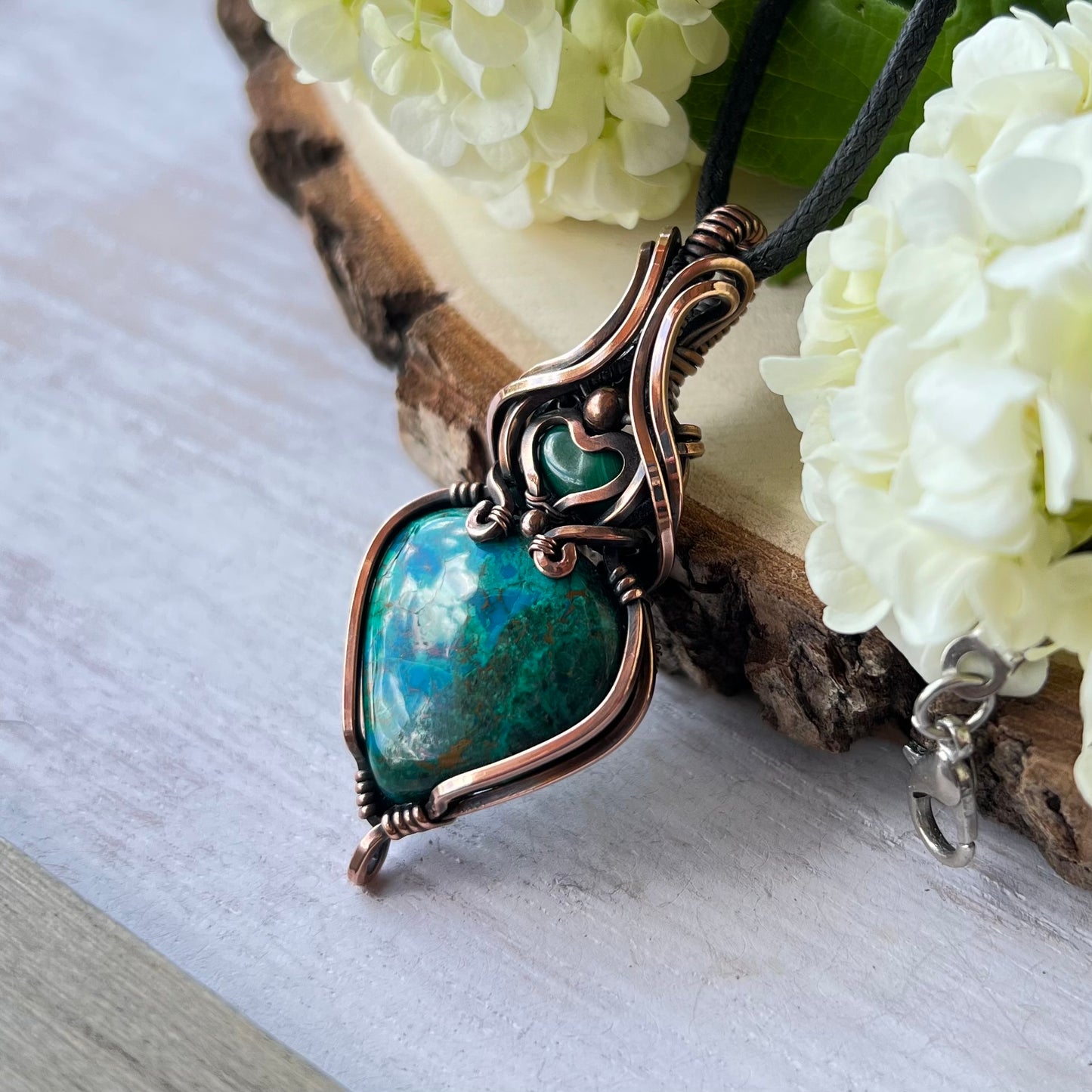 Chrysocolla with Malachite in antiqued Copper
