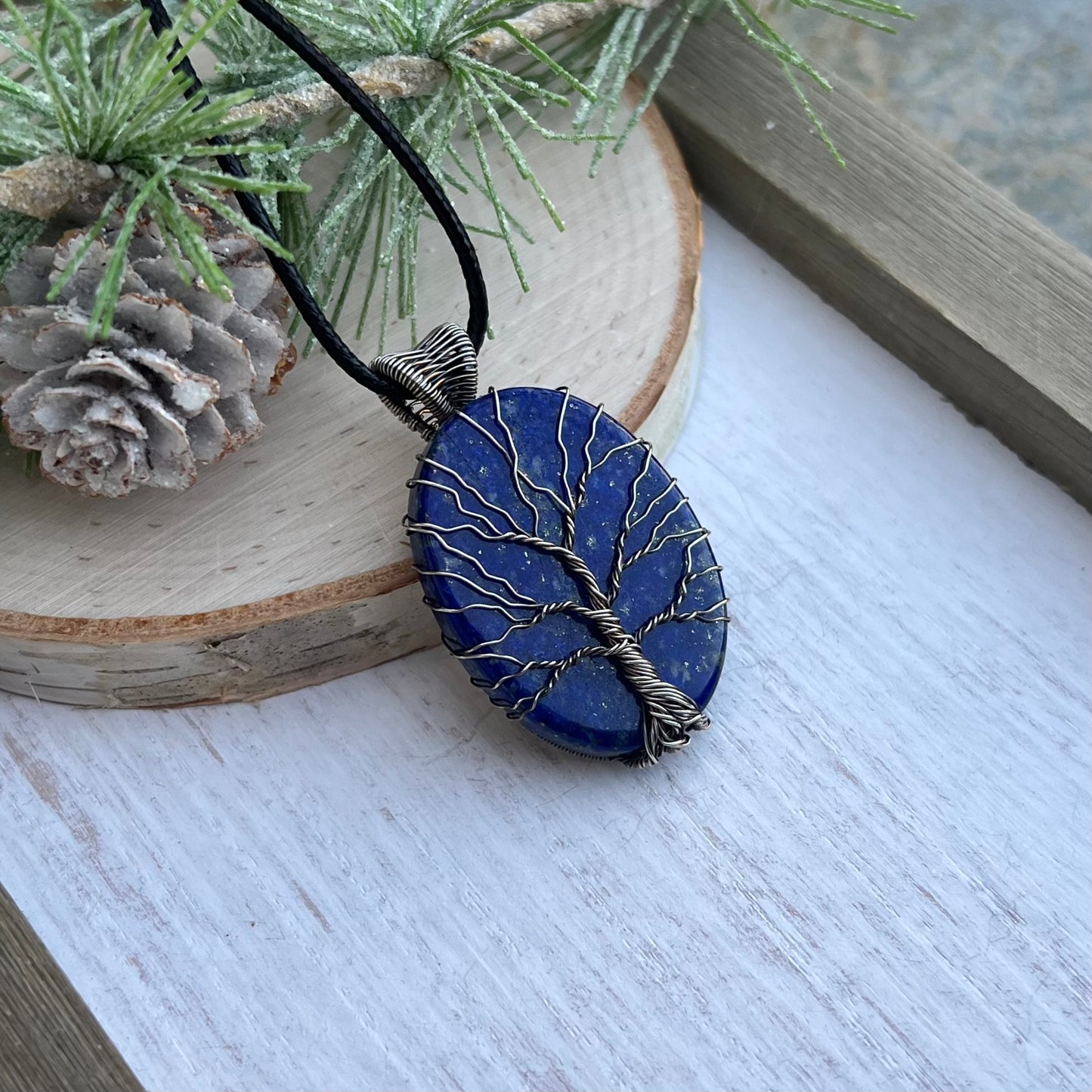 Tree of Life on Lapis Lazuli Pendant in antiqued Argentium Silver