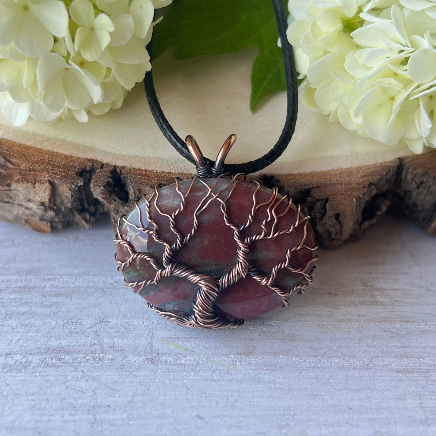 Fancy Jasper Pendant with Tree of Life in antiqued Copper Wire