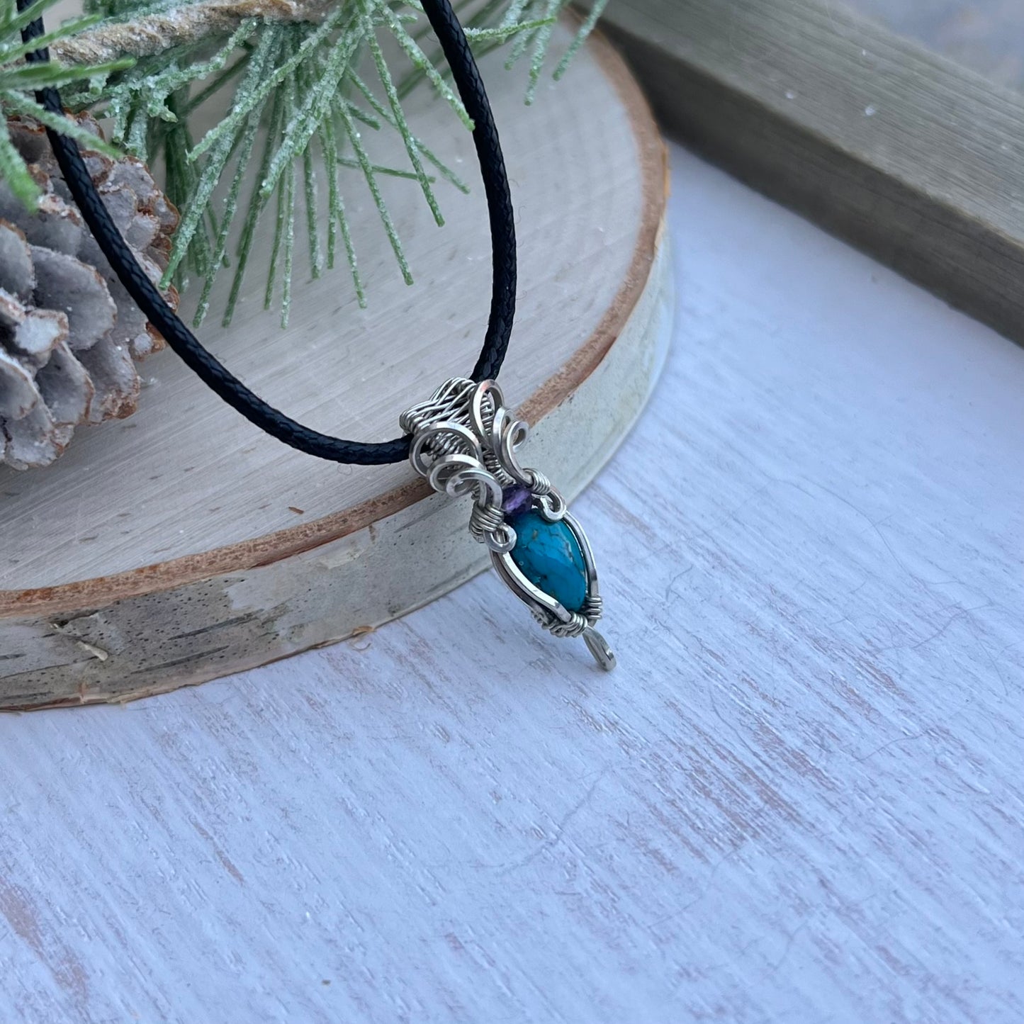 Tibetan Turquoise with Amethyst Pendant in Argentium Silver