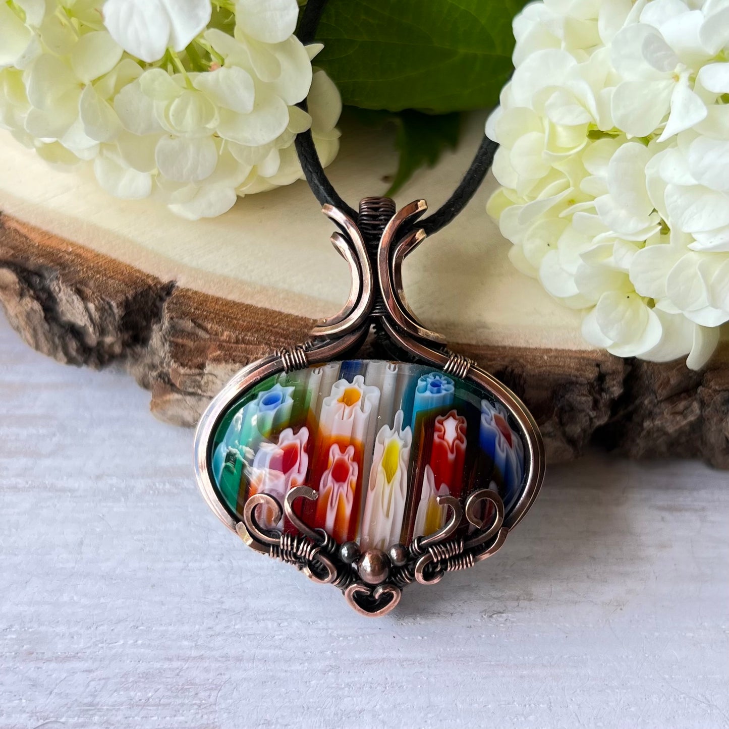 Millefiori Glass Pendant in antiqued Copper Wire