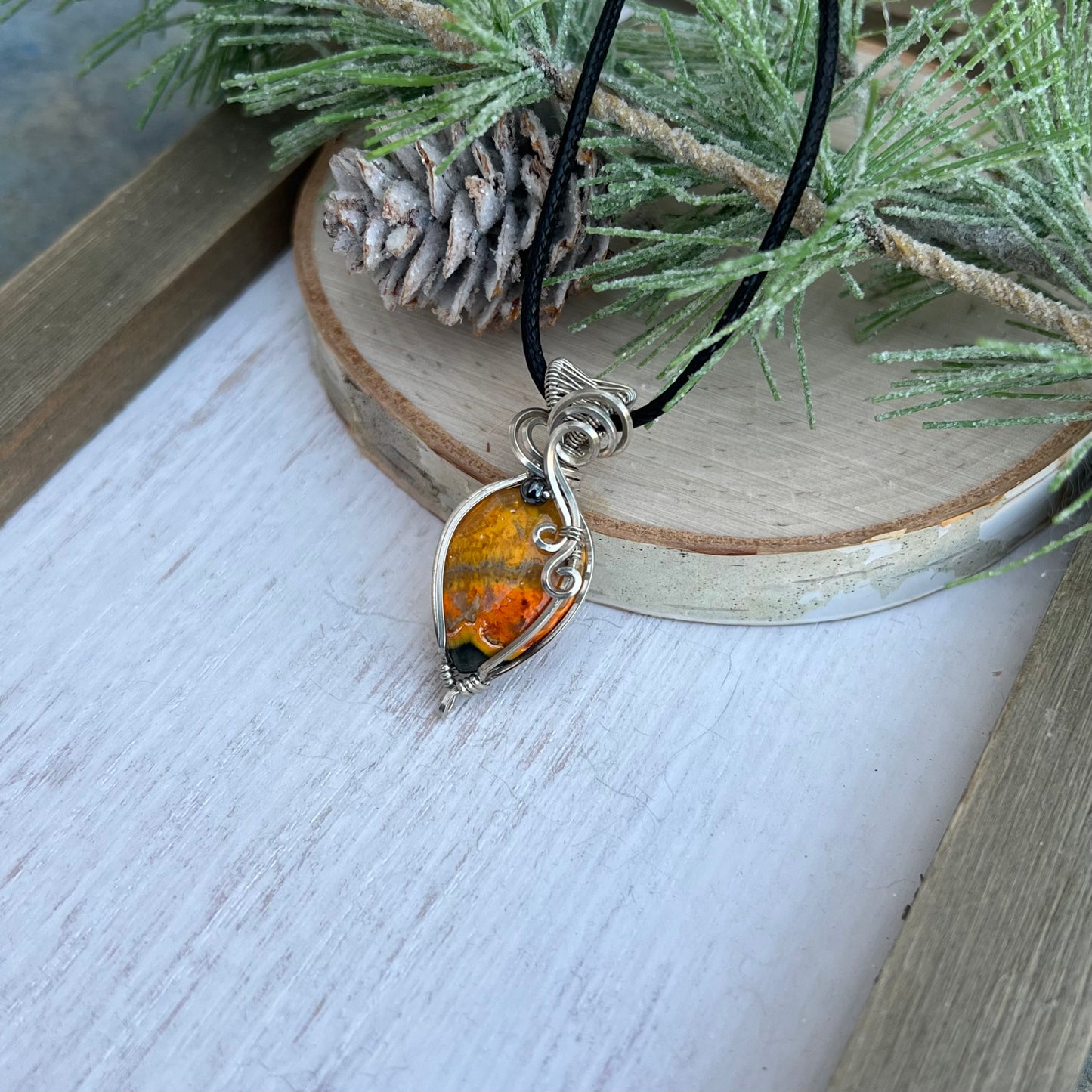 Bumblebee Jasper with Hematite Pendant in Argentium Silver