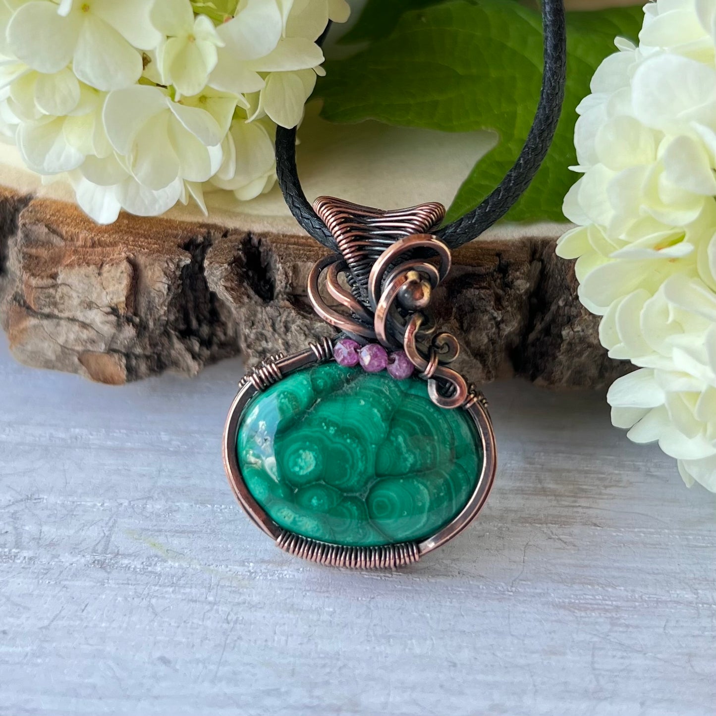 Malachite with Ruby beads in antiqued Copper Wire