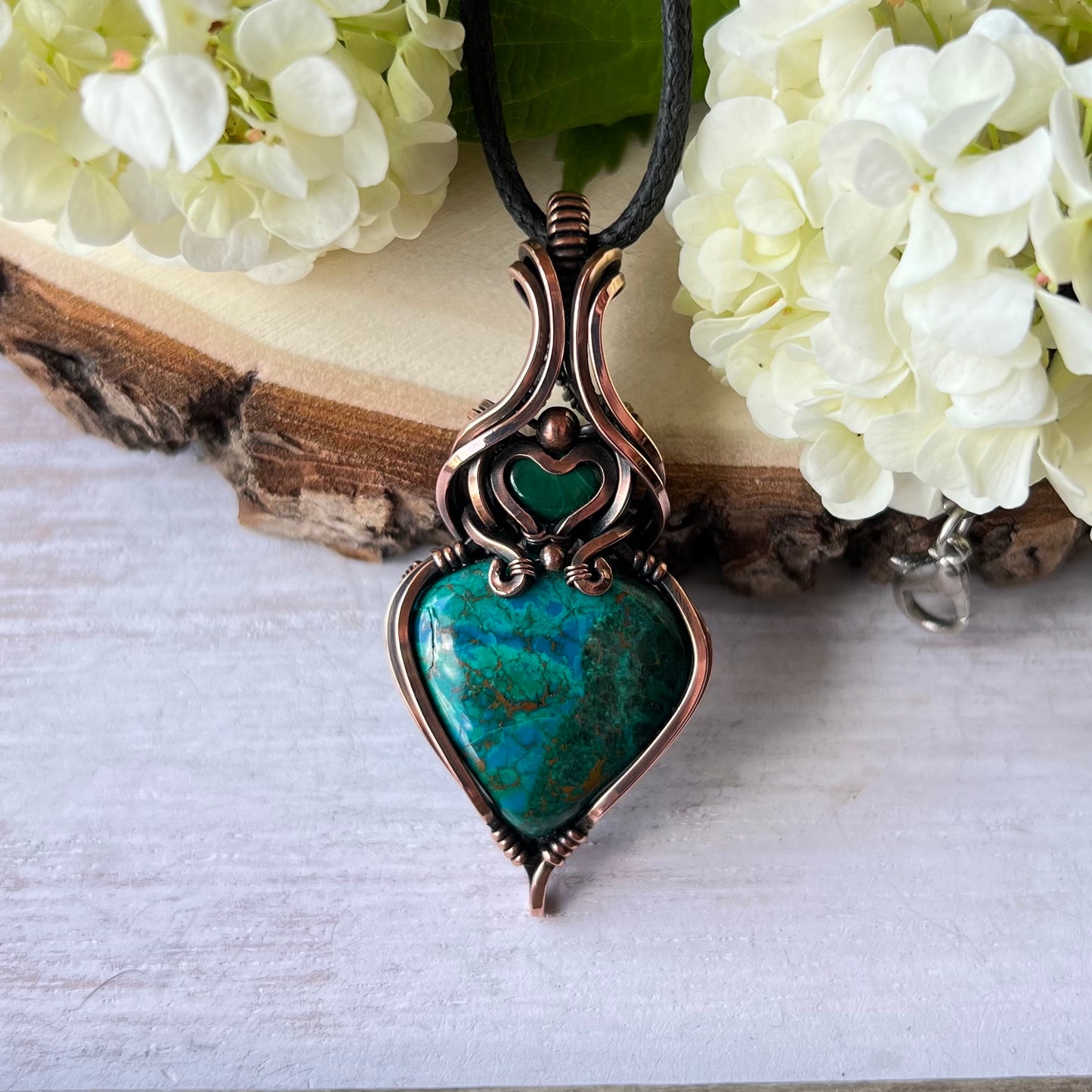 Chrysocolla with Malachite in antiqued Copper