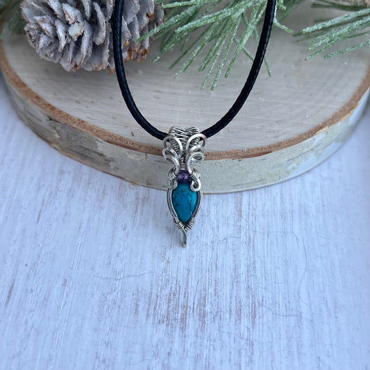 Tibetan Turquoise with Amethyst Pendant in Argentium Silver