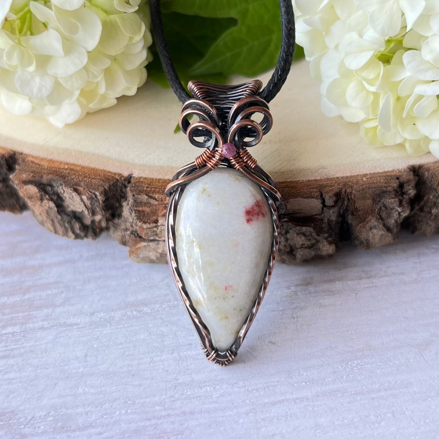 Cinnabar with Amethyst Bead Pendant in antiqued Copper Wire
