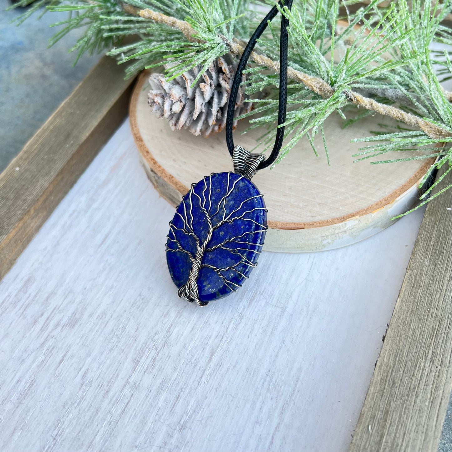 Tree of Life on Lapis Lazuli Pendant in antiqued Argentium Silver