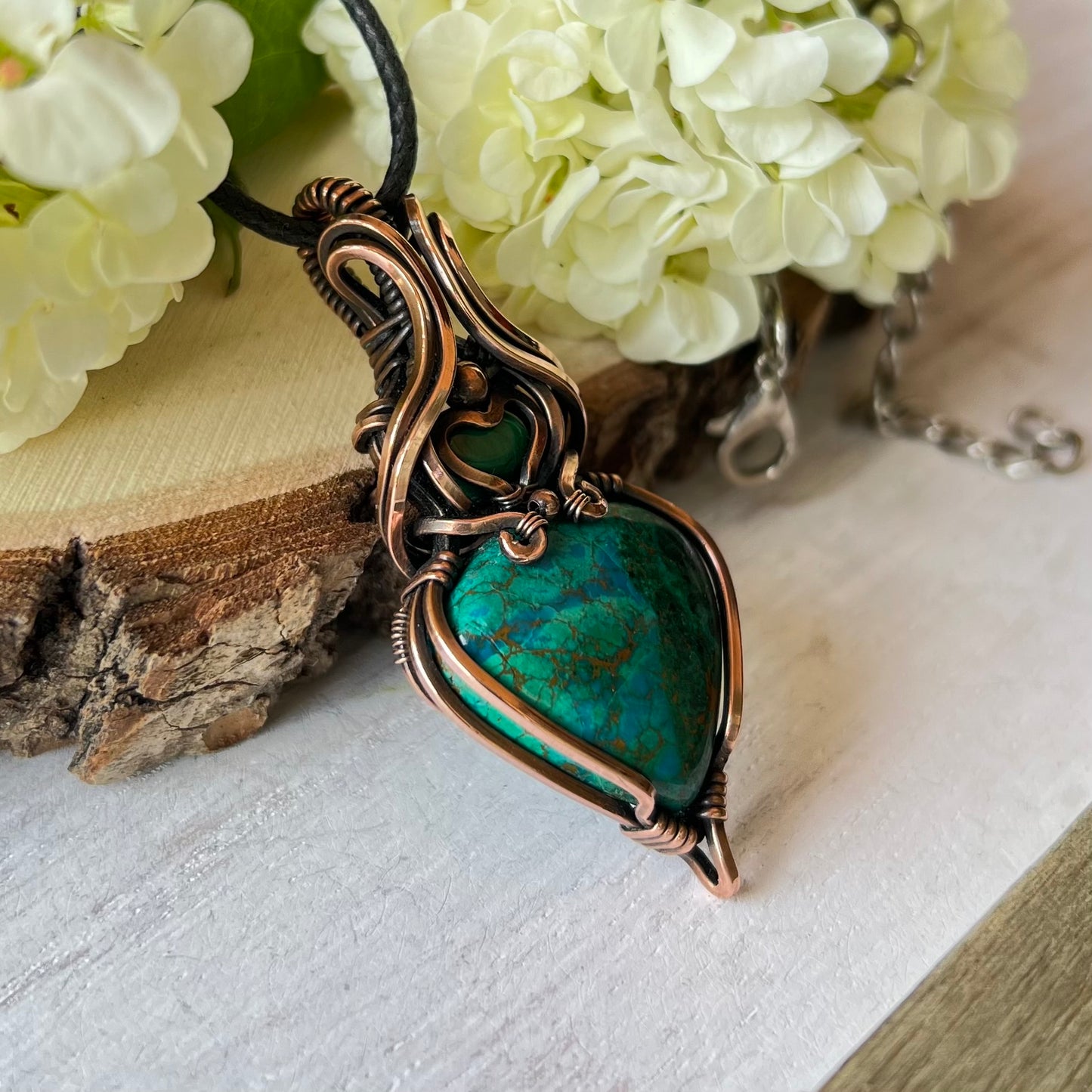 Chrysocolla with Malachite in antiqued Copper