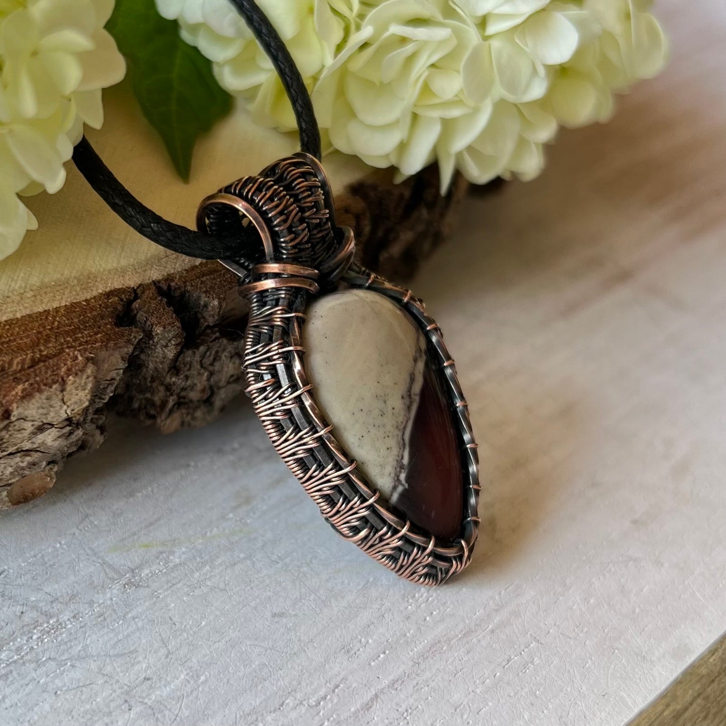 Porcelain Sci-fi Jasper Pendant in antiqued Copper Wire