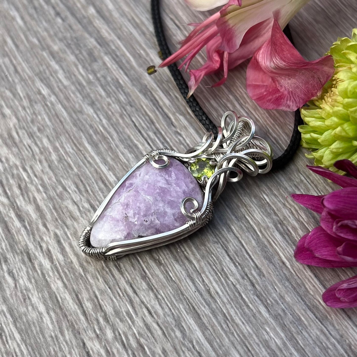 Lepidolite with Peridot Pendant in Argentium Silver