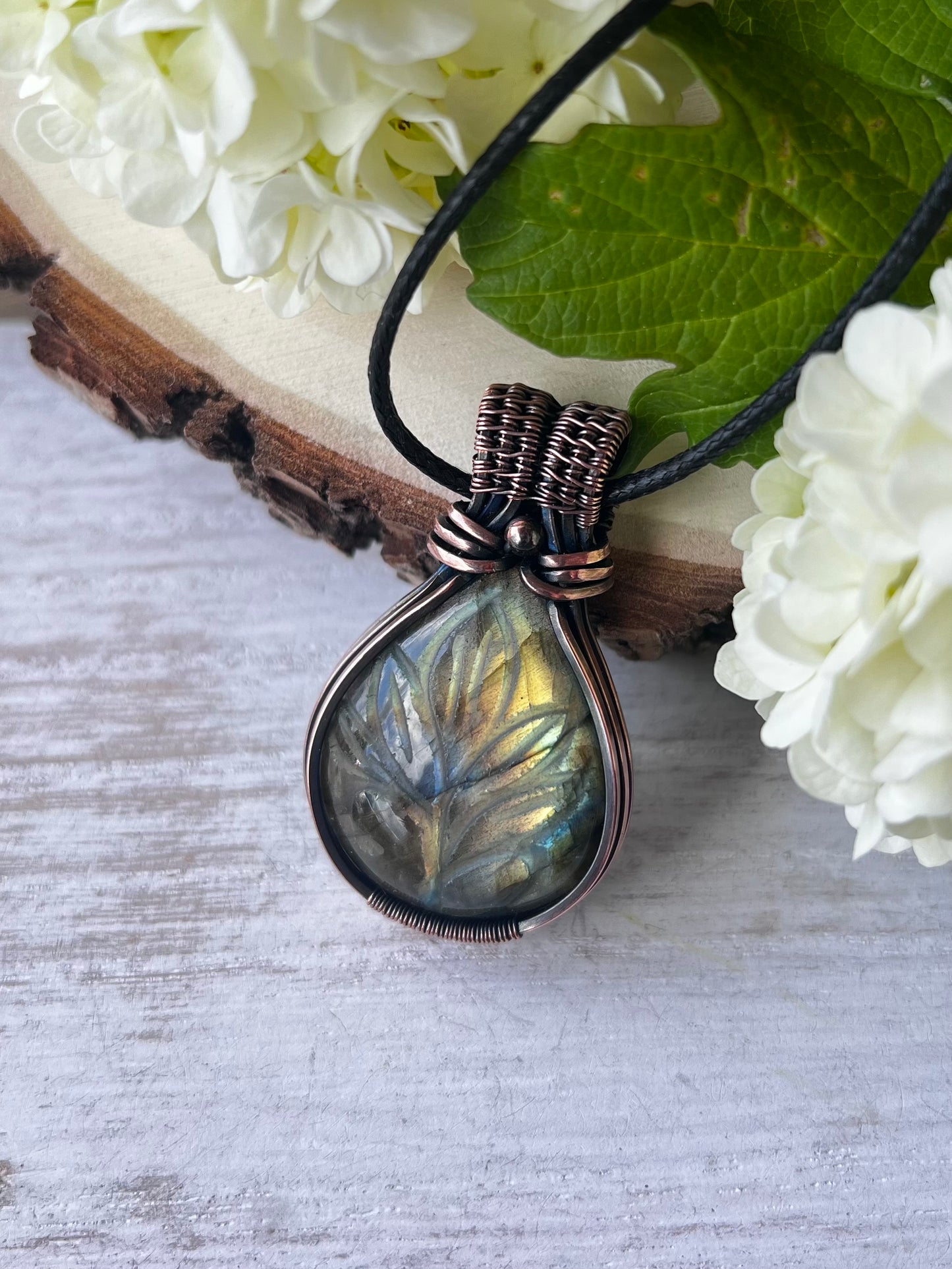 Carved Labradorite Pendant in antiqued Copper Wire