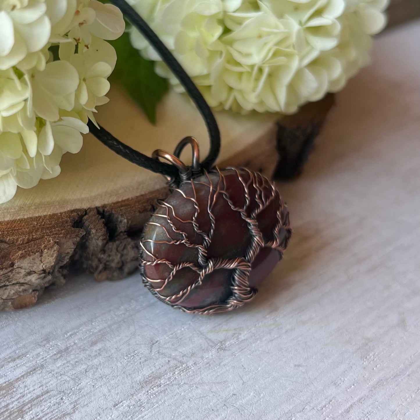 Fancy Jasper Pendant with Tree of Life in antiqued Copper Wire