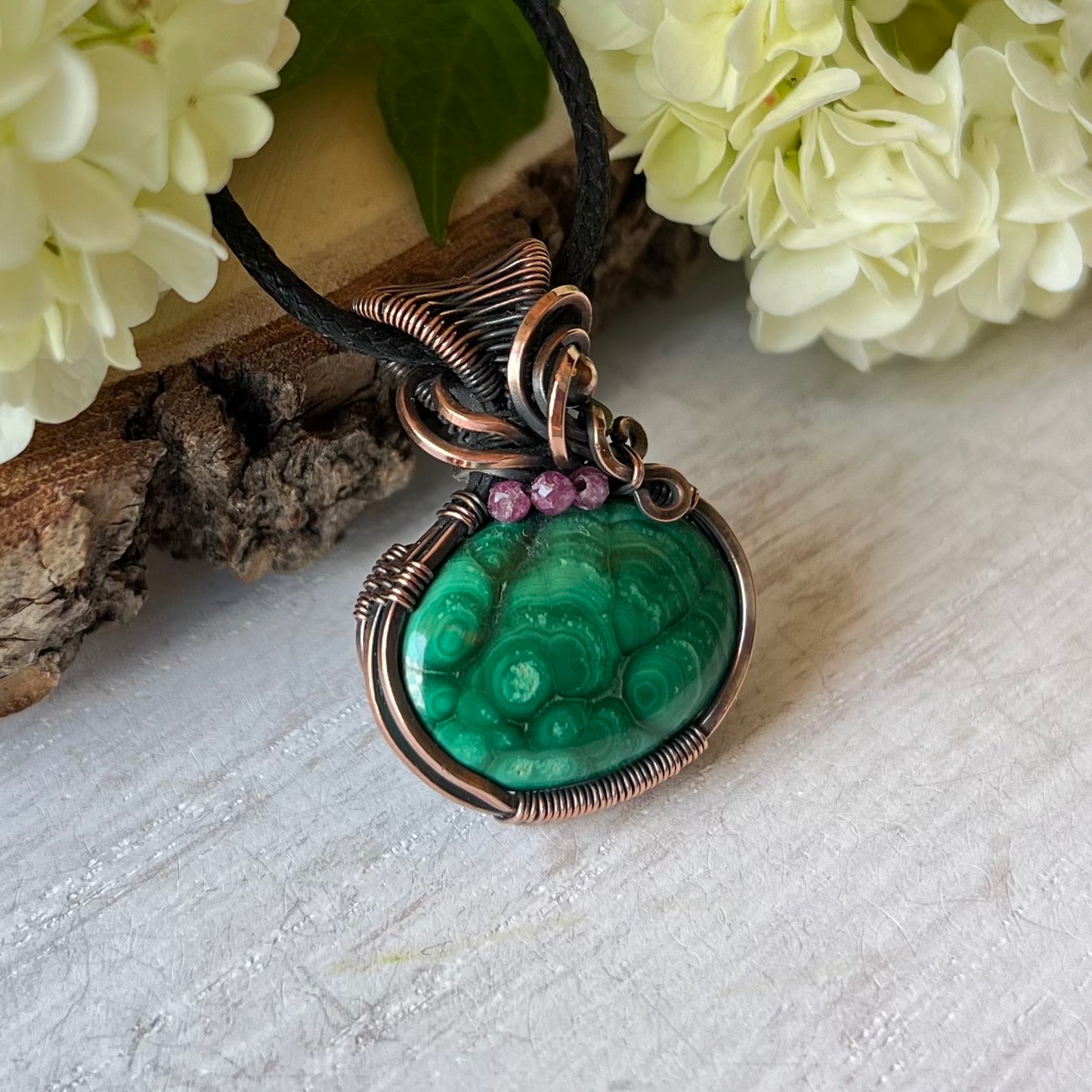 Malachite with Ruby beads in antiqued Copper Wire