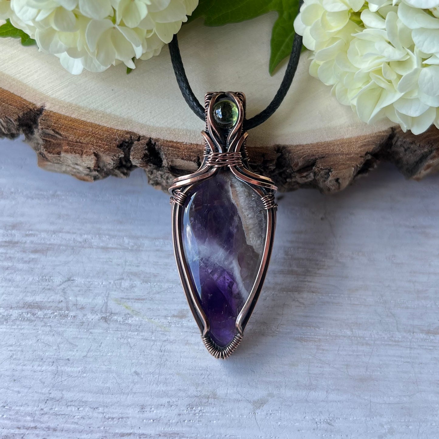 Chevron Amethyst with Peridot in antiqued Copper Wire