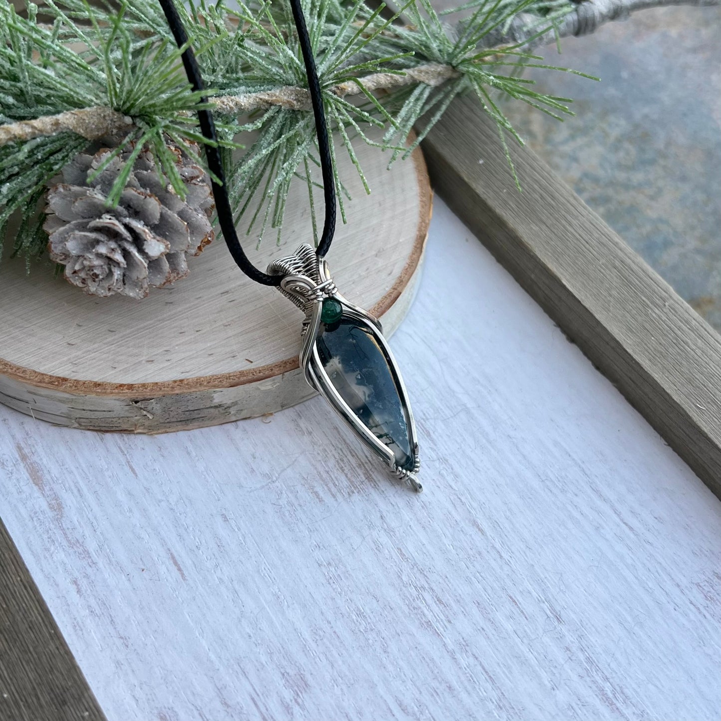 Moss Agate with Green Aventurine Pendant in Argentium Silver
