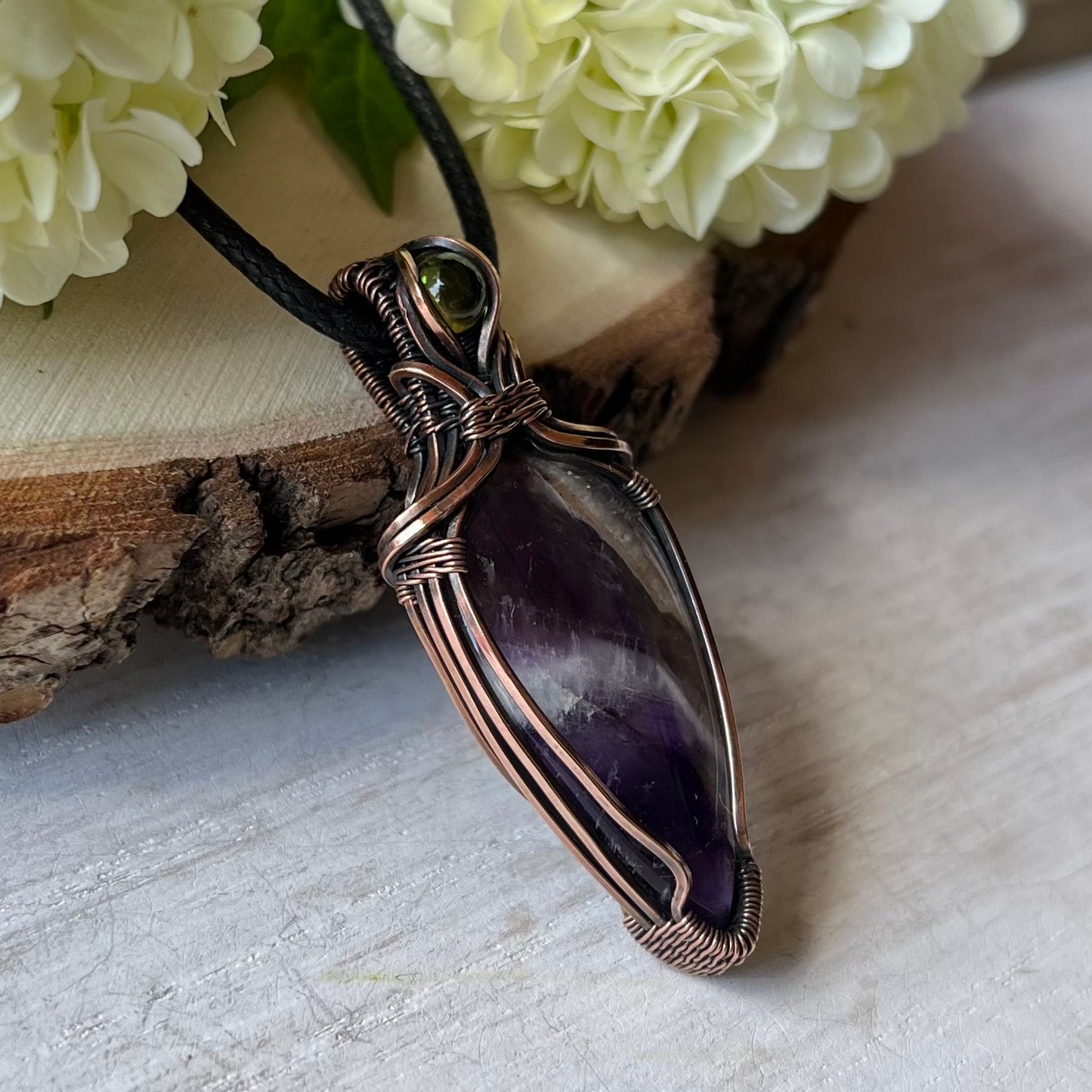 Chevron Amethyst with Peridot in antiqued Copper Wire