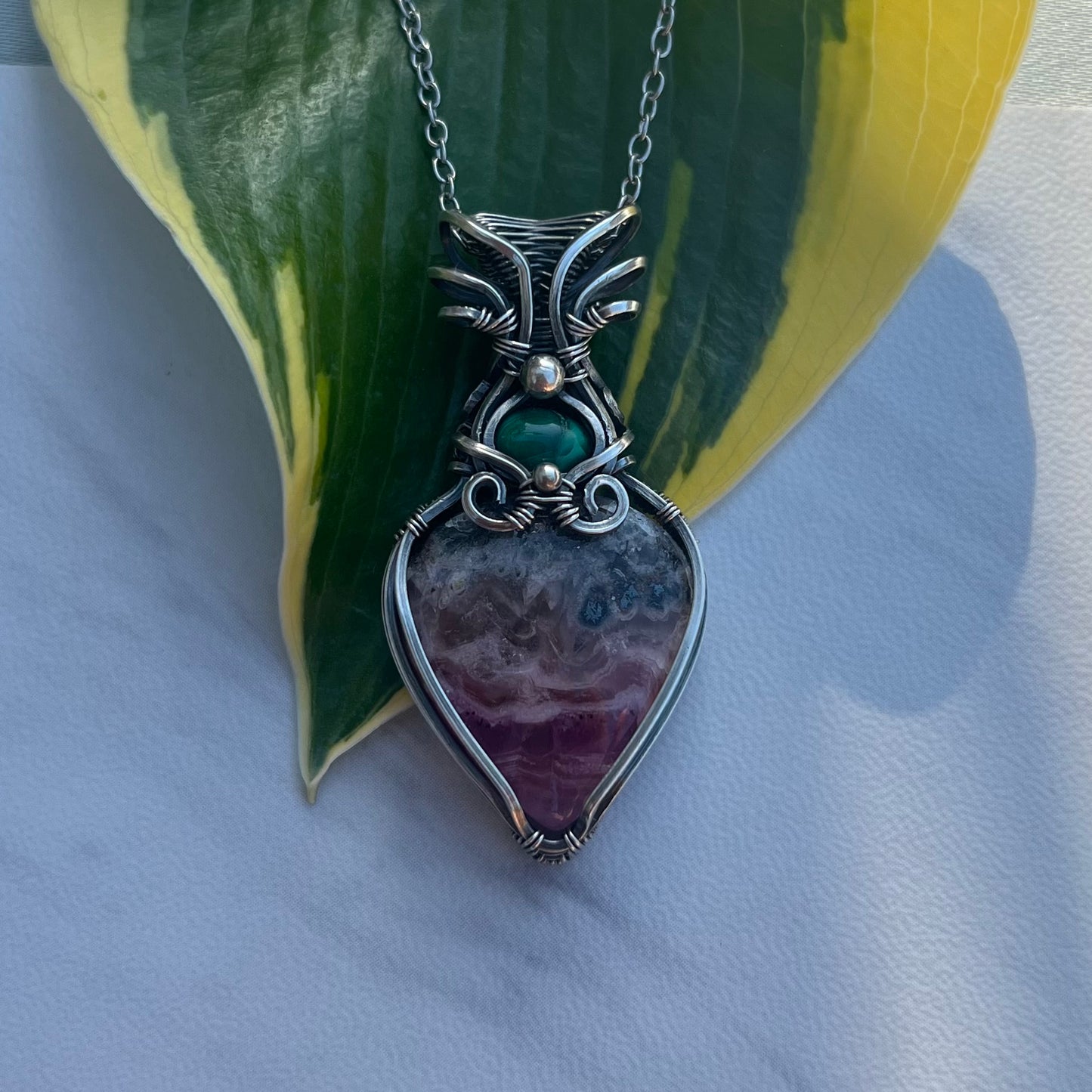 Cobaltoan Calcite with Malachite in Antiqued Argentium Silver