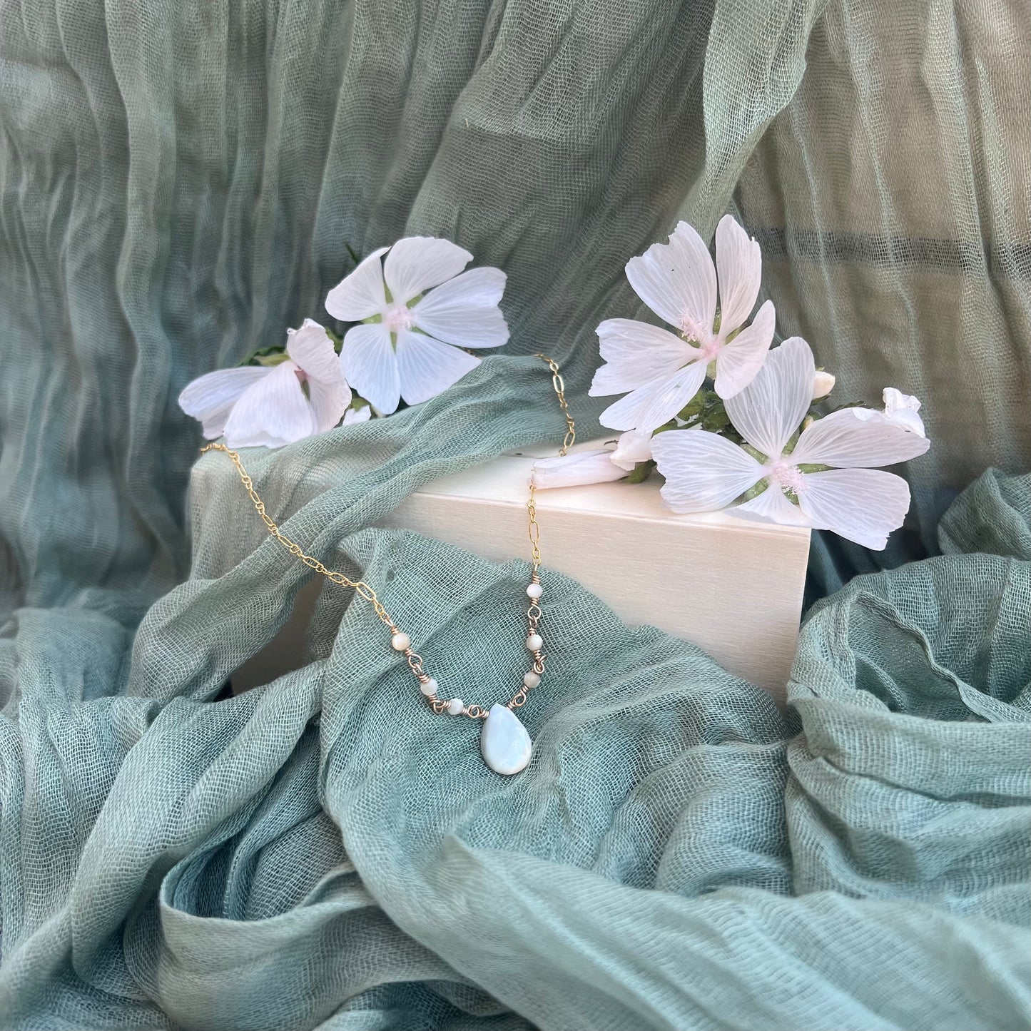 Mother of Pearl Necklace on 17” 14k Gold Filled Chain