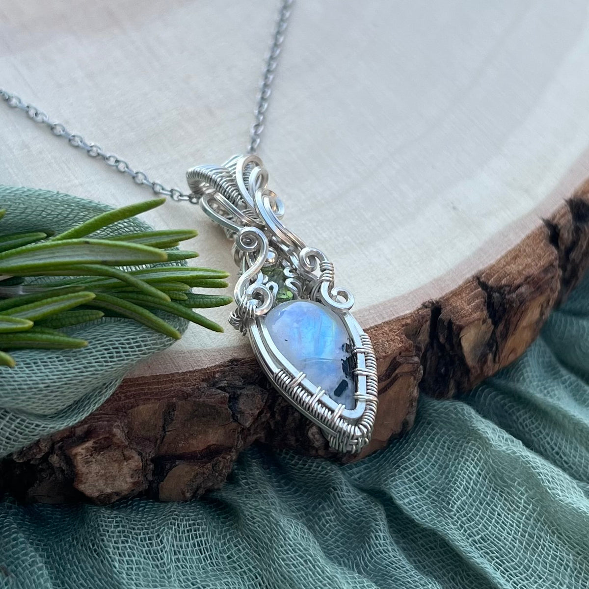 Moonstone & Peridot Argentium Silver Pendant