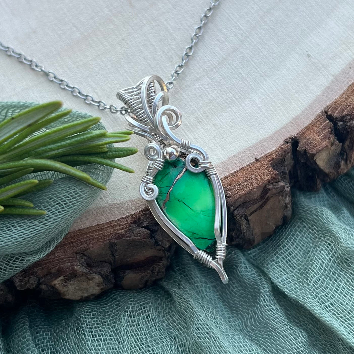 Green Dahlia Turquoise Composite Pendant|Argentium Silver