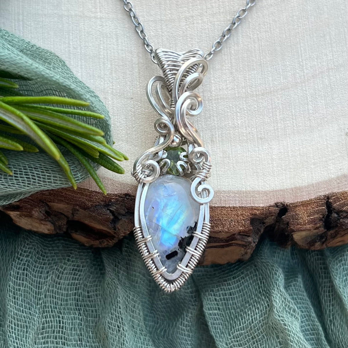 Moonstone & Peridot Argentium Silver Pendant