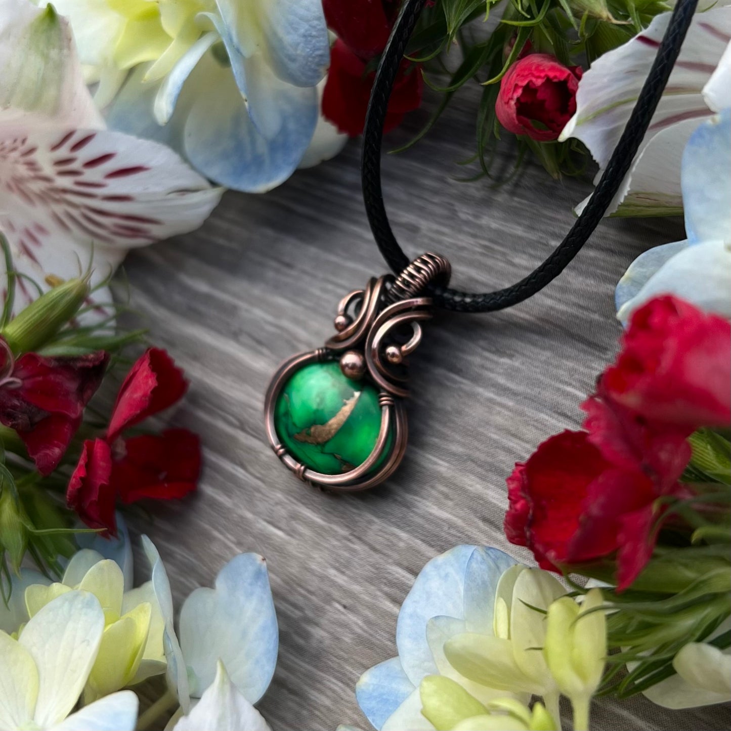 Green Rose Dahlia Pendant in Antiqued Copper