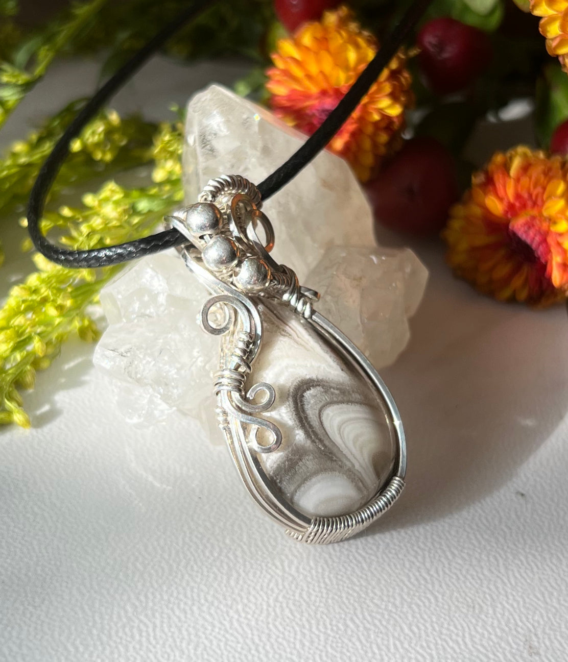 Zebra Calcite Pendant in Argentium Silver