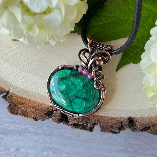 Malachite with Ruby beads in antiqued Copper Wire