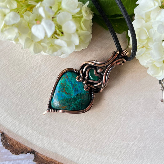 Chrysocolla with Malachite in antiqued Copper