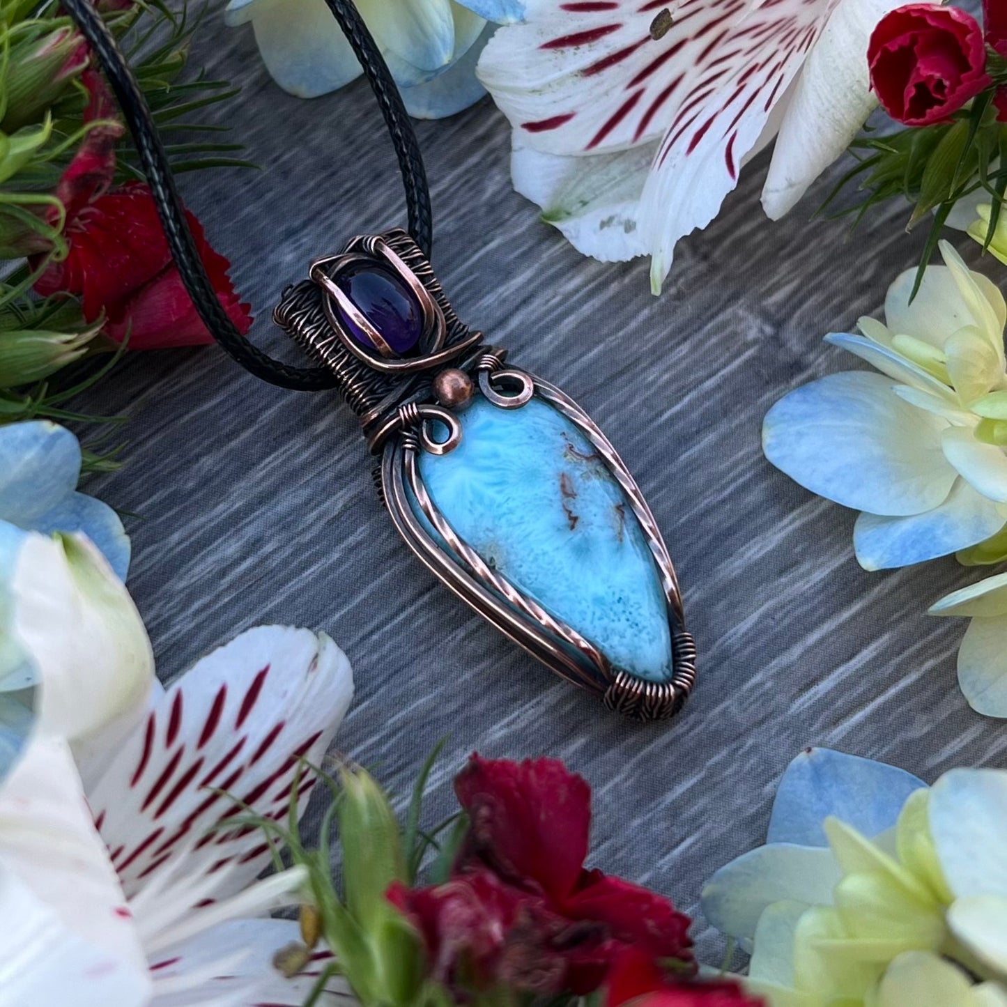 Larimar with Amethyst Pendant in Antiqued Copper