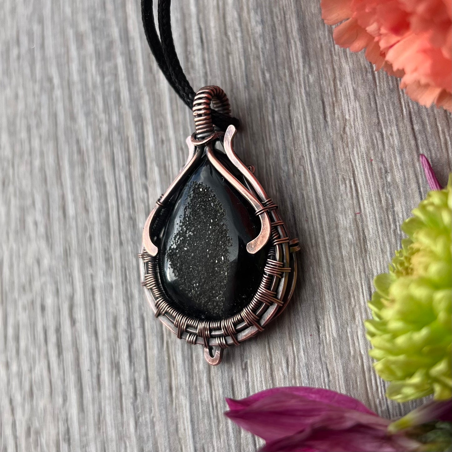 Black Onyx Druzy Pendant in Copper