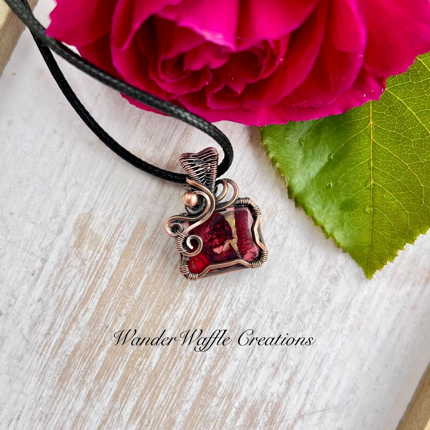 Red Rose Dahlia Pendant in antiqued Copper Wire